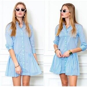 The Shirt Rochelle Behrens S Drop Waist Dress Blue Checkered Plaid Mini Puff